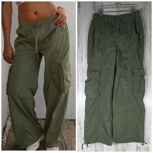 Aerie Cargo Pants Small Olive Green Parachute Wide Leg Cotton Pullon Drawstring